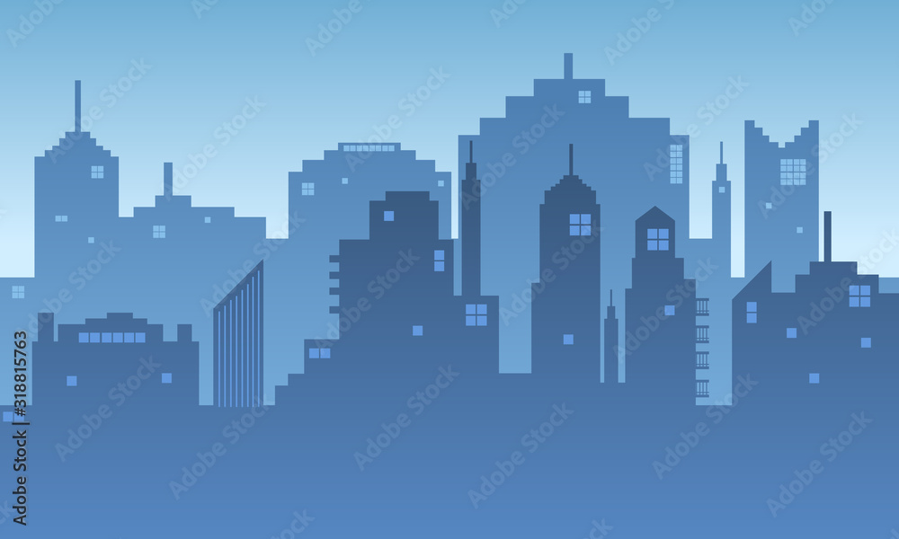 High building silhouette city with a blue sky background