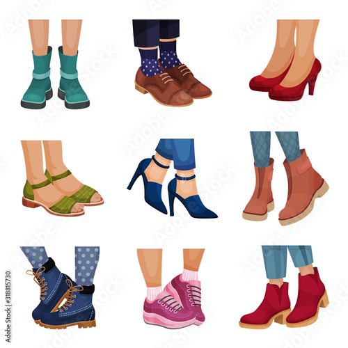 Different Footwear with Legs Wearing it Vector Set.