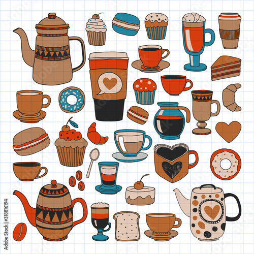 Coffee menu. Vector pattern with cappuccino, espresso. Kitchen, cooking, beverages.