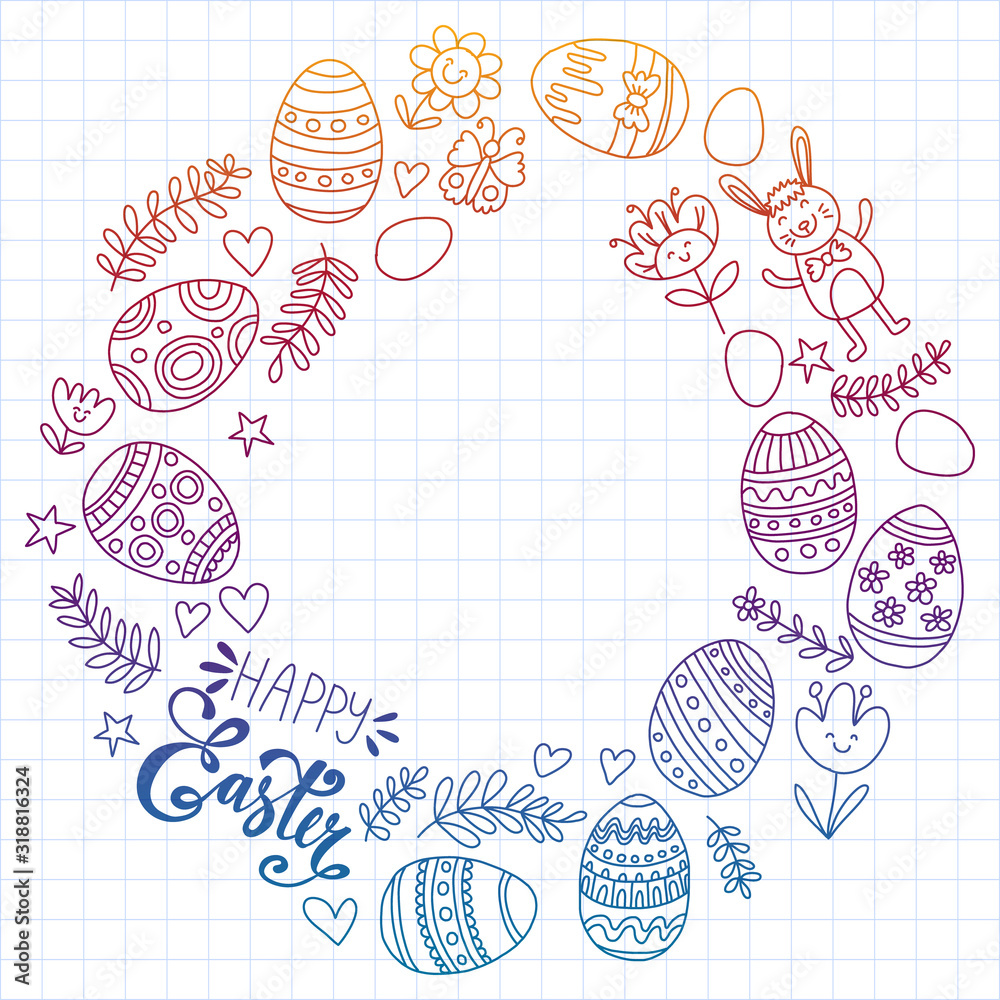 Fototapeta premium Happy Easter. Vector pattern with eggs, bunny, flowers.