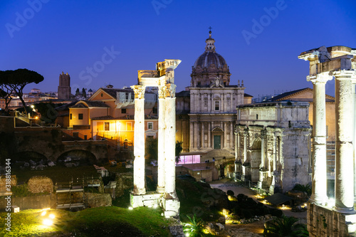 Rome, Italy - Jan 1, 2020: Night view of the Roman Forum, Rome, Lazio, Italy © fazon