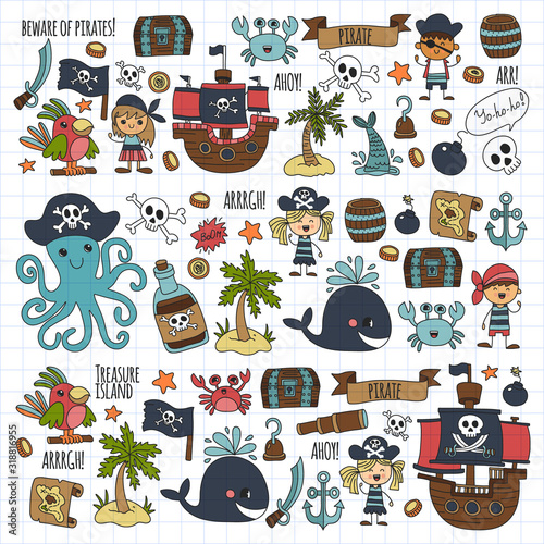 Vector pattern with pirate icons. Adventure, birthday party.