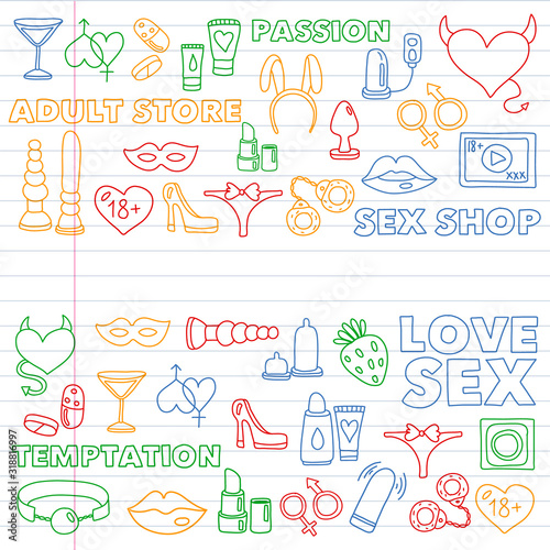 Vector set with sex shop icons. Erotic fetish games background.