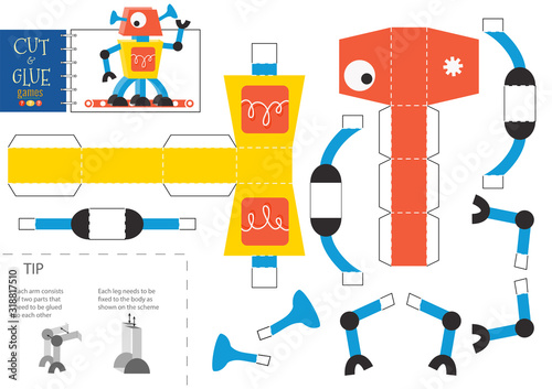 Cut and glue robot toy vector illustration, worksheet.