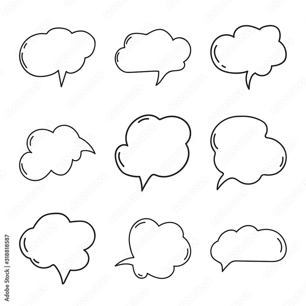 Vector set of hand drawn speech bubbles. Doodle style speaking bubbles isolated on white background. Vector set of hand drawn speech bubbles. Doodle style speaking bubbles isolated on white background.