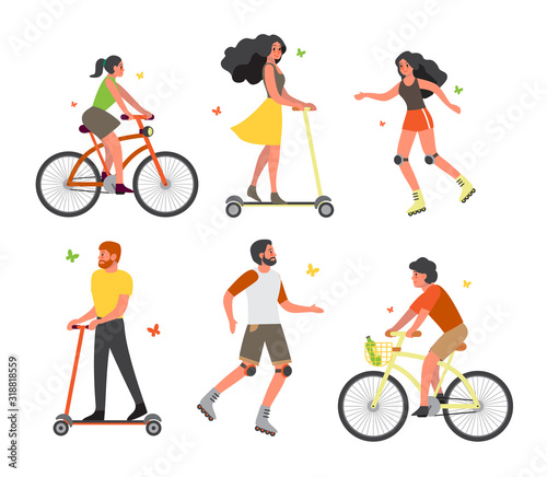 Set of people on bicycle, rollers and scooter. Having fun