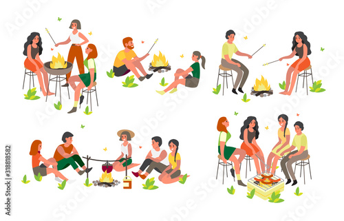 People sitting at the campfire. Adventure on the nature, summer activity.