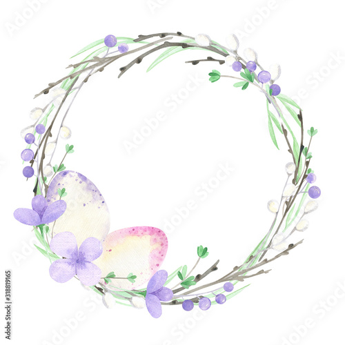 Watercolor spring wreath and eggs. Easter composition, garden frame. Willow branch, spring flowers, spring greenery, nest. Spring season illustration, spring background, garden. Happy Easter.  © Darya_s