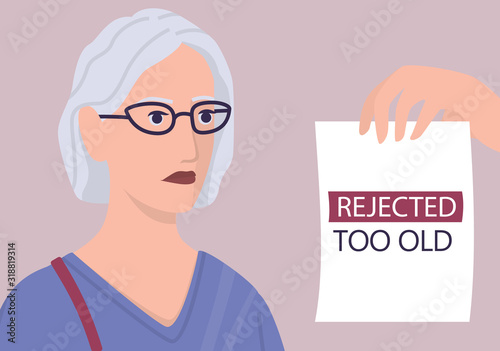Recruitment ageism concept. HR specialist reject an old man cv.