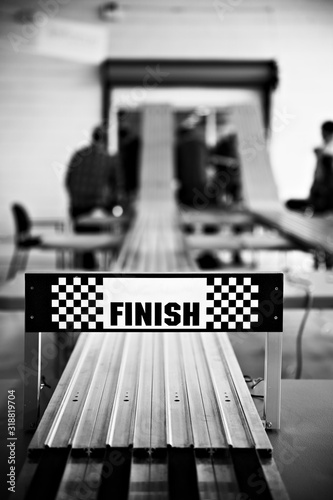 Finish line for pinewood derby race (black and white) photo