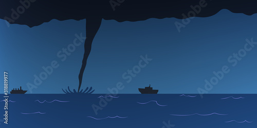 Huge tornado coming from the sea. Hurricane in ocean at night.