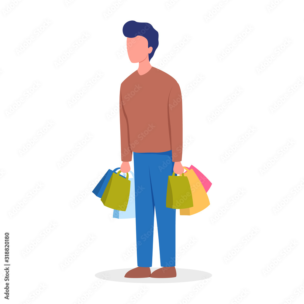 Man shopping. Person with shopping bags. Big sale and discount Man shopping. Person with shopping bags. Big sale and discount
