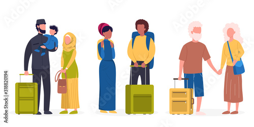 Vector illustration set of tourist with laggage and handbag.