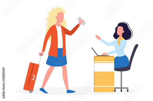 Woman standing in the airport at check-in counter.