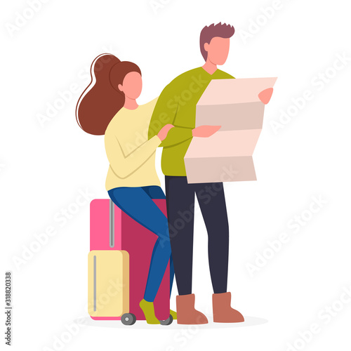 Vector illustration of tourist with a map. Family trip.