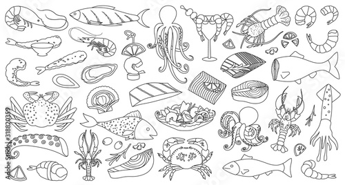 Seafood vector Outline,line set icon.Vector illustration icon fish food on white background.Isolated Outline,line set seafood.