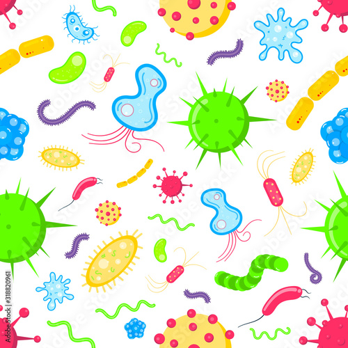 Bacterial microorganisms  germs and viruses colorful seamless pattern. Viruses  infections colorful  micro-organisms disease objects  cell cancer vector flat style design vector illustration on white.