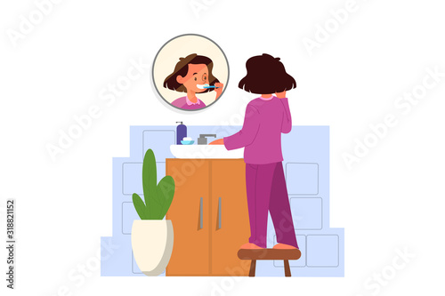 School girl schedule concept. Little girl standing in the bathroom
