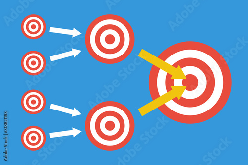 Teamwork concept. Step-by-step leader way. From small objectives to great target.