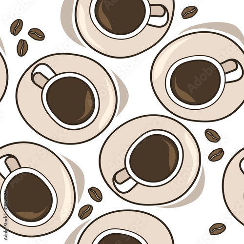 Seamless pattern with cups of coffee, coffee beans, hand drawn overlapping backdrop. Colorful background vector. Set of cups. Decorative wallpaper, good for printing