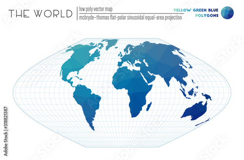 Triangular mesh of the world. McBryde-Thomas flat-polar sinusoidal equal-area projection of the world. Yellow Green Blue colored polygons. Beautiful vector illustration.