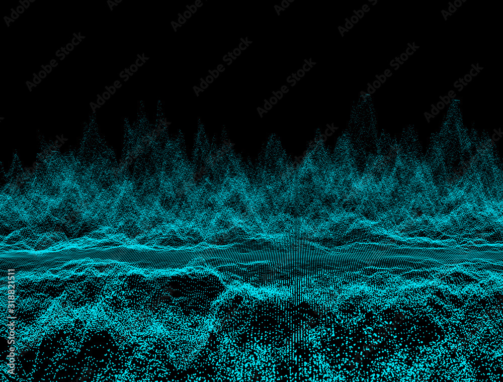 Fototapeta premium Abstract dark background with moving loop and flicker particles.Motion graphic Backdrop of ball dot Animation of seamless.Digital blue-green color wave light loopable. Beautiful surface illustration