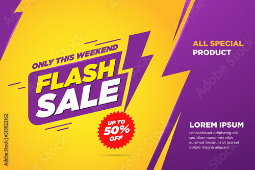 Flash sale discount banner template promotion. lightning icon Text Yellow and purple Background. vector illustration.