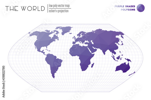 Polygonal map of the world. Eckert V projection of the world. Purple Shades colored polygons. Trending vector illustration.