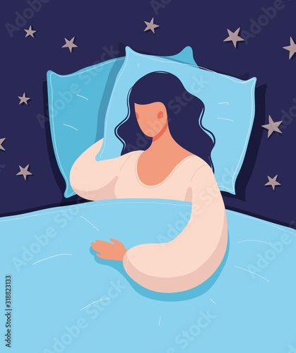 Beautiful young woman is sleeping in bed. The girl is sick at home, suffers from loneliness, a healthy full sleep, insomnia. Concept illustration. Flat vector. photo