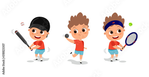 Kids playing various sports vector illustration. happy cute kid teen play baseball tennis trowing. Sport games. Competition. 