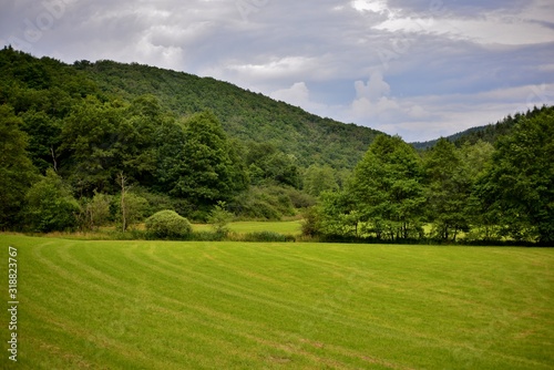 landscape with hills, meadow and clouds