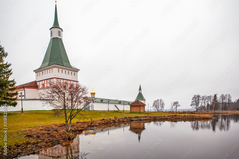 Nikonovskaya and water-supply towers. Valdai Iversky Monastery. Novgorod region. Selvitsky Island. Russia