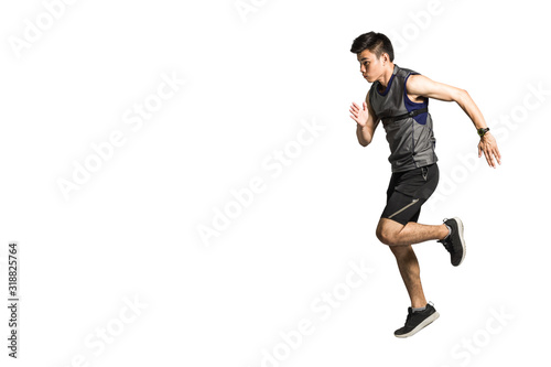 Fototapeta Naklejka Na Ścianę i Meble -  Portrait of an asian sport man wearing sportwear and sport watch for running. Isolated full length on white background with copy space