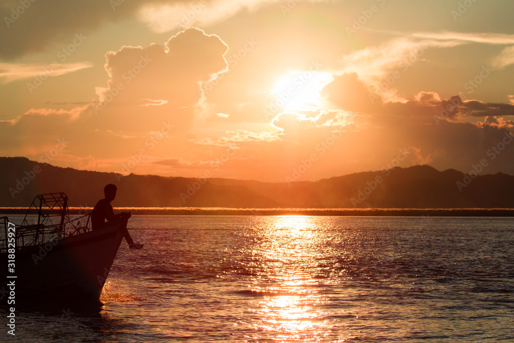 Sunset at the Irrawaddy River (Ayeyarwaddy River) in Bagan, Myanmar (Burma)