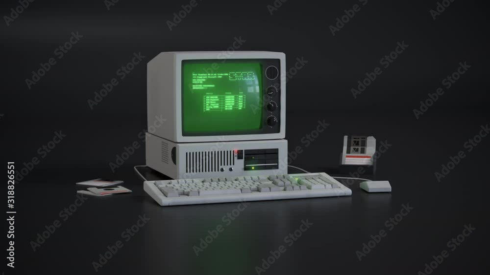 Animation of fictional old computer with fictional retro looking UI. 