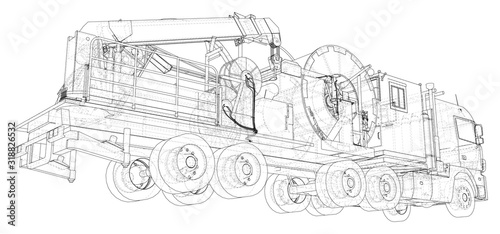 Oilfield coiled tubing equipment. Coiled tubing reel on a trailer. wire-frame. The layers of visible and invisible lines are separated. EPS10 format. Wire-frame.
