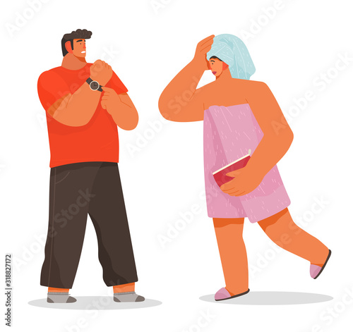 Young woman runs out of bathroom and being late, lateness. Man standing near and hurrying his wife or girlfriend. Lady dressed in pink towel on naked body. Vector illustration of life of young couple