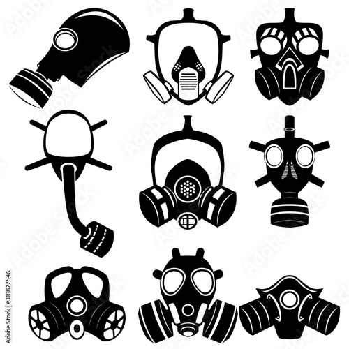 Military and civilian gas masks. Icons of the epidemic. Chemical and bio-defense.