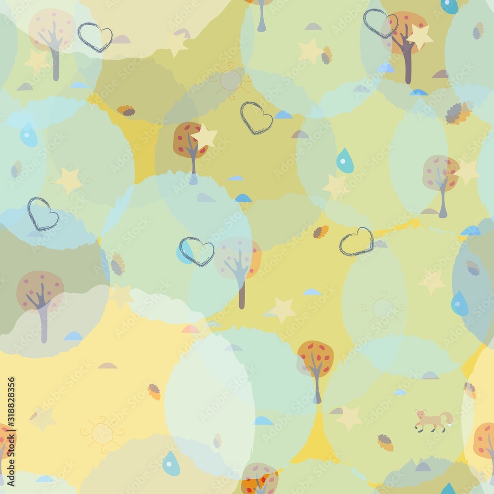 Cute Autumn Pattern with small trees on modern dotted background.