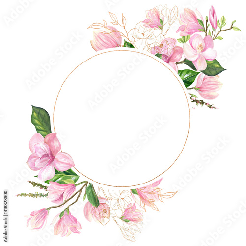 Round golden frame with pink magnolia flowers. Scrapbooking, greeting card, clipart, congratulations, save the date, wedding invitations