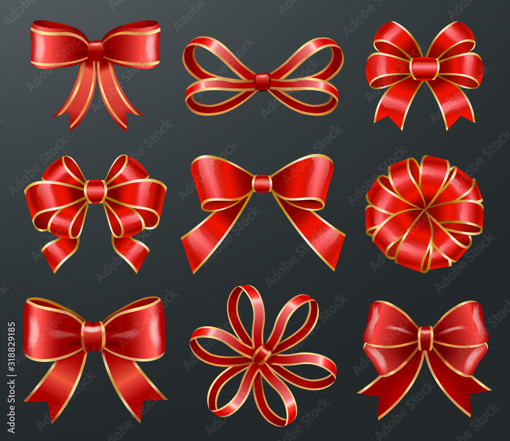 Set of red bows made from ribbons isolated on black background. Sample of knots for decoration gift boxes for holiday. Wrapping packages for party celebration. Vector gift bow illustration Set of red bows made from ribbons isolated on black background. Sample of knots for decoration gift boxes for holiday. Wrapping packages for party celebration. Vector gift bow illustration