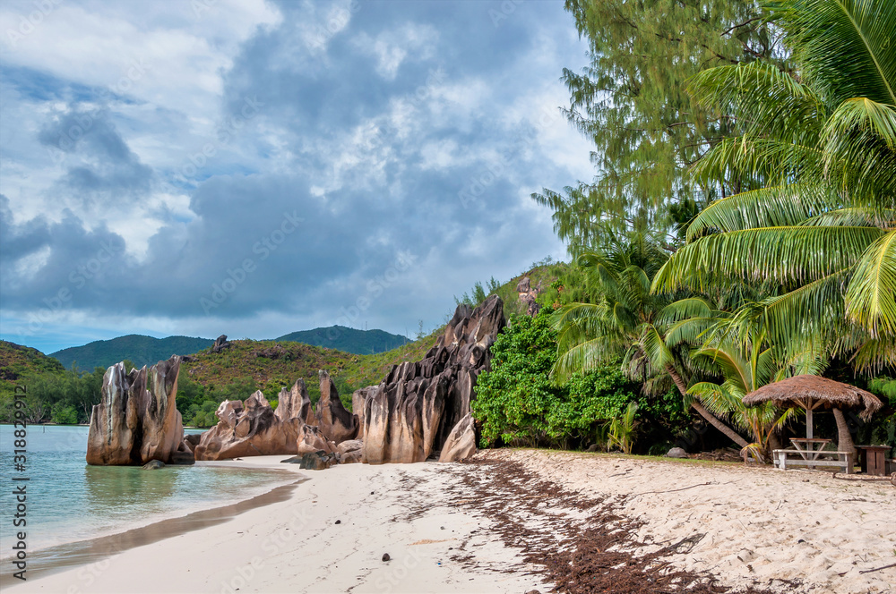 The coastline white sand beach of the island of Curieuse, Seychelles The coastline white sand beach of the island of Curieuse, Seychelles