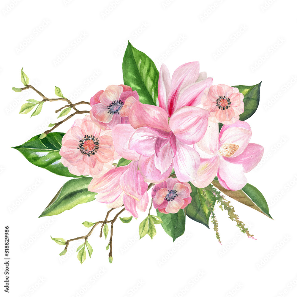 finished image of a bouquet of pink Magnolia flowers on a white background, watercolor finished image of a bouquet of pink Magnolia flowers on a white background, watercolor
