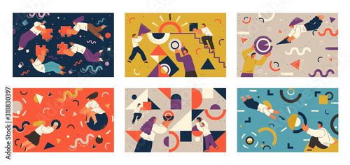 People working together, team with geometric shapes. Business teamwork of people completin puzzle supporting each other. Employee at job making new project. Communication of co workers, team building