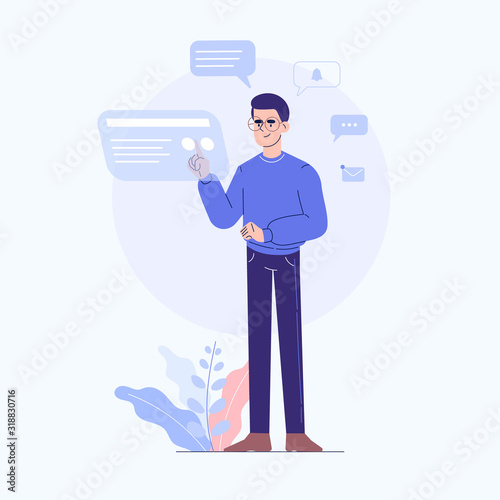 Guy standing touching and interacting with touch screen, chatting and sending messages, social media elements, notification icons and bubbles around the guy with some plants.