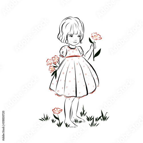 little girl in dress holding flower. cute hand drawn vector illustration for print in book, poster, card, children's decoration element. 
