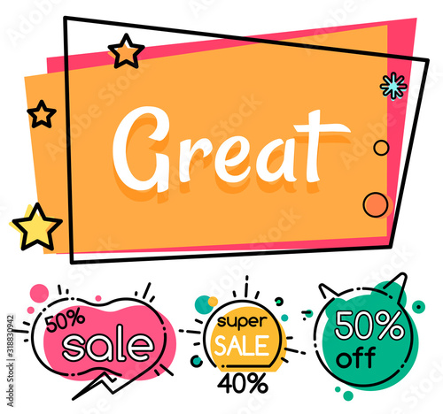 Collection of clearance and selling, coupons and propositions. Super sale and great discounts for shoppers. Promotional banners with 40 percent off price lowering of cost, vector in flat style