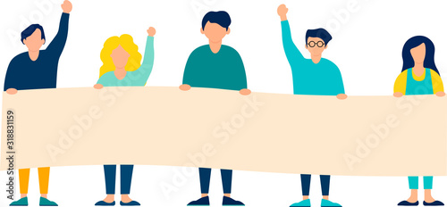 A group of protesting people. Activists are holding a banner. People participating in a parade or rally. Political activist. Union strike. Vector illustration on an isolated layer.