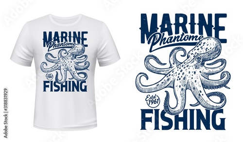 Ocean octopus t-shirt print, vector mockup. Marine phantom underwater monster, seafood fishing big catch. Marine fishing club emblem, sketch style photo