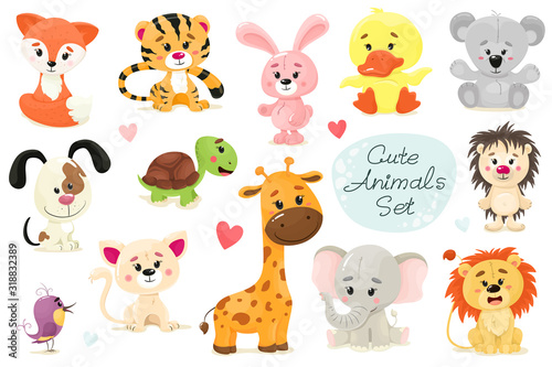Cute set of animals. Vector animal isolates in cartoon flat style. White background.